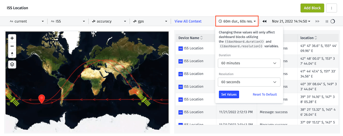 Dashboard Set Temporary Duration and Resolution
