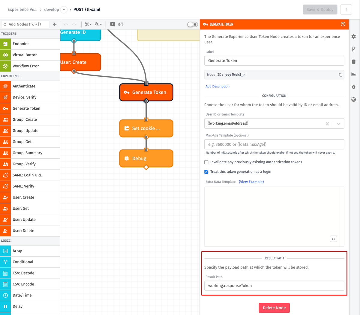 Generate Experience User Token Node Result