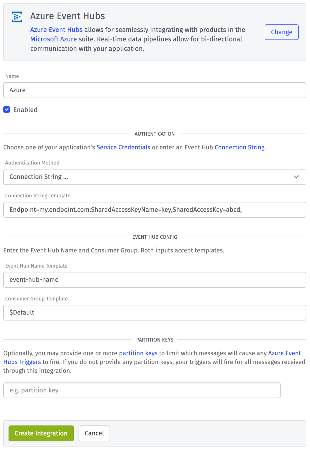 Integration Event Hub Config