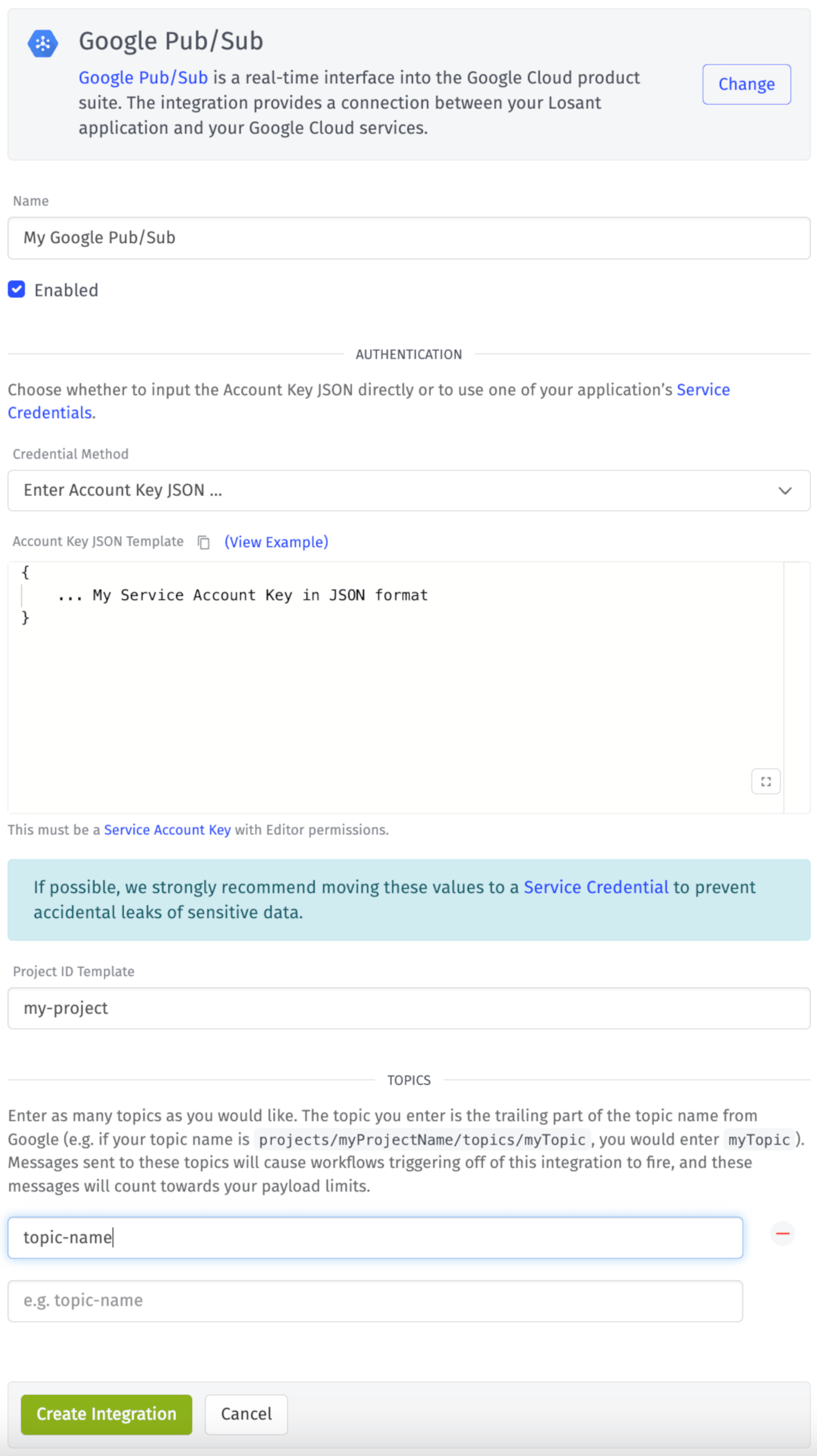 Integration Google Pub/Sub Config