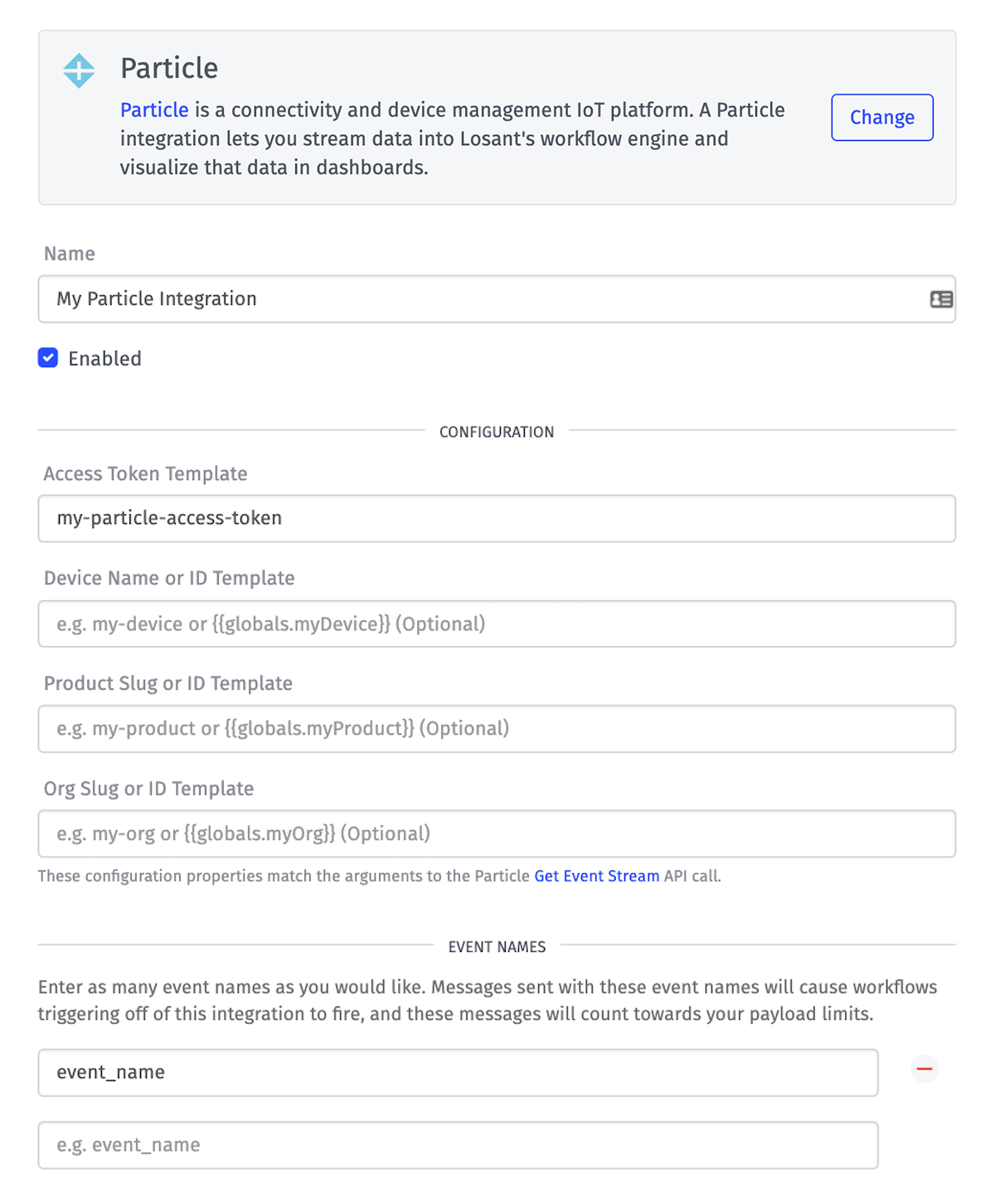 Integration Particle Config