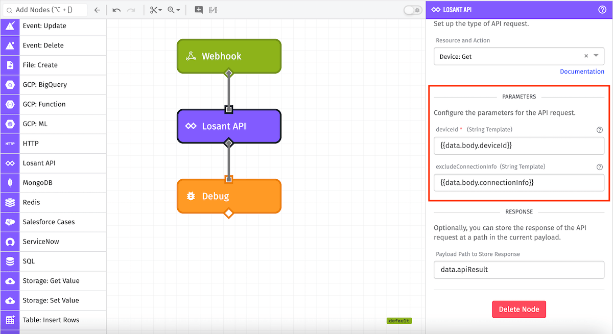Losant API Node Parameter Configuration