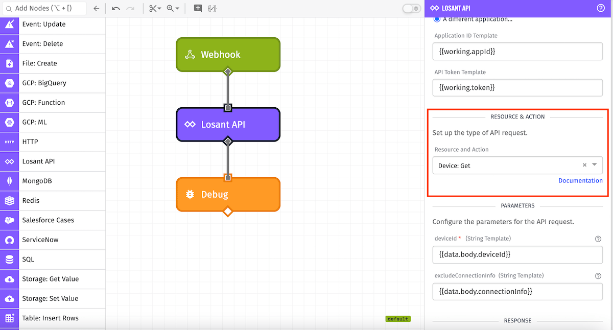 Losant API Node Resource Selection