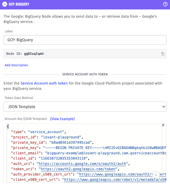 BigQuery Access JSON pasted in Losant workflow