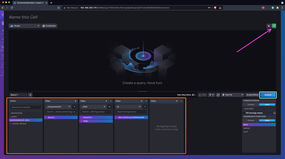 InfluxDB dashboard cell configuration modal with options highlighted