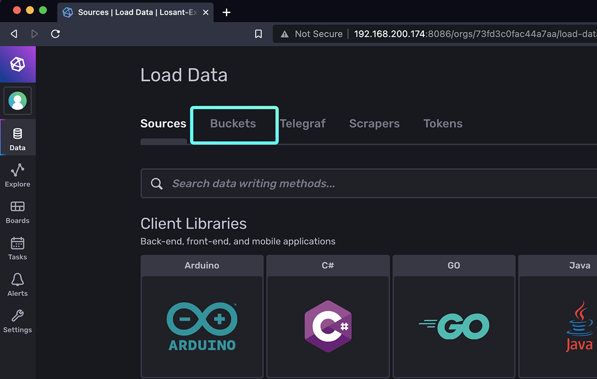 InfluxDB Data page with Buckets highlighted