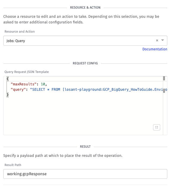BigQuery Node configuration for query