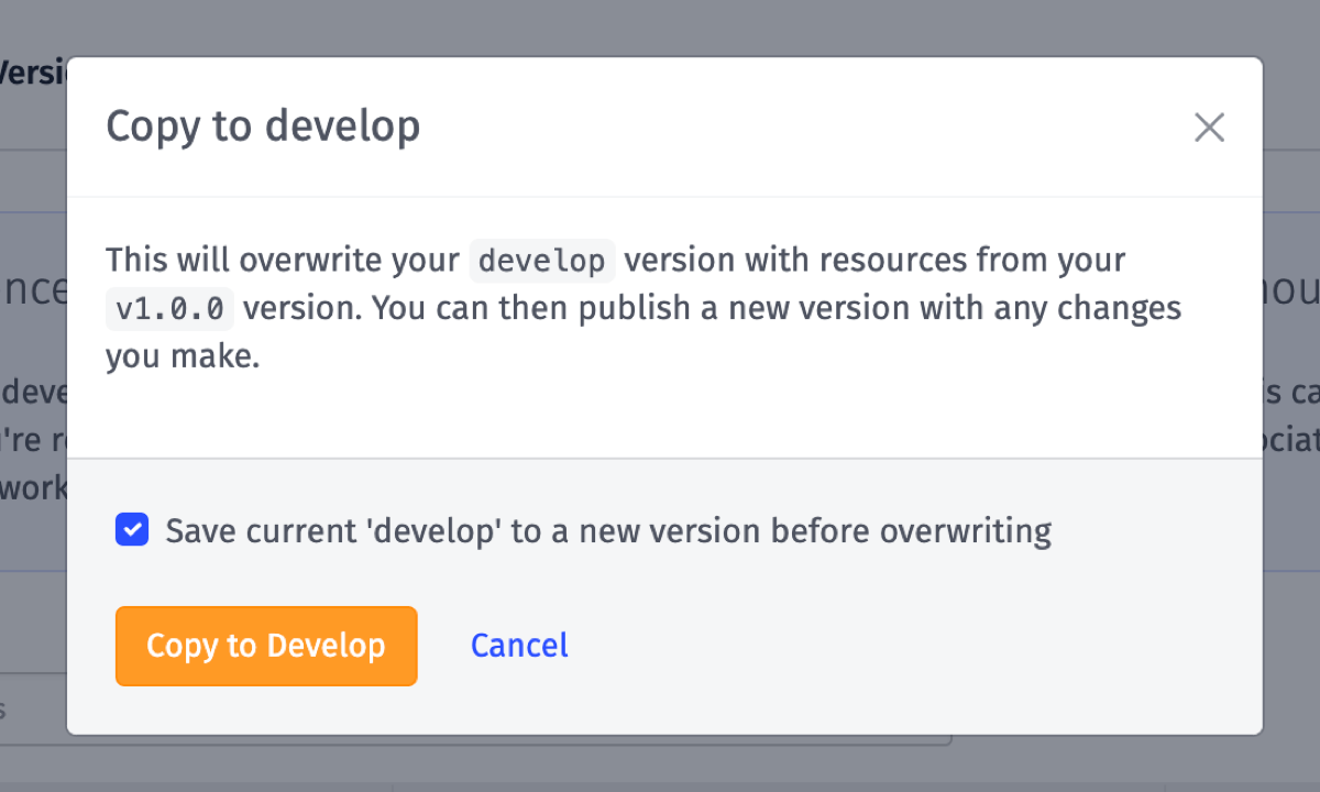 Copy Version to Develop Modal