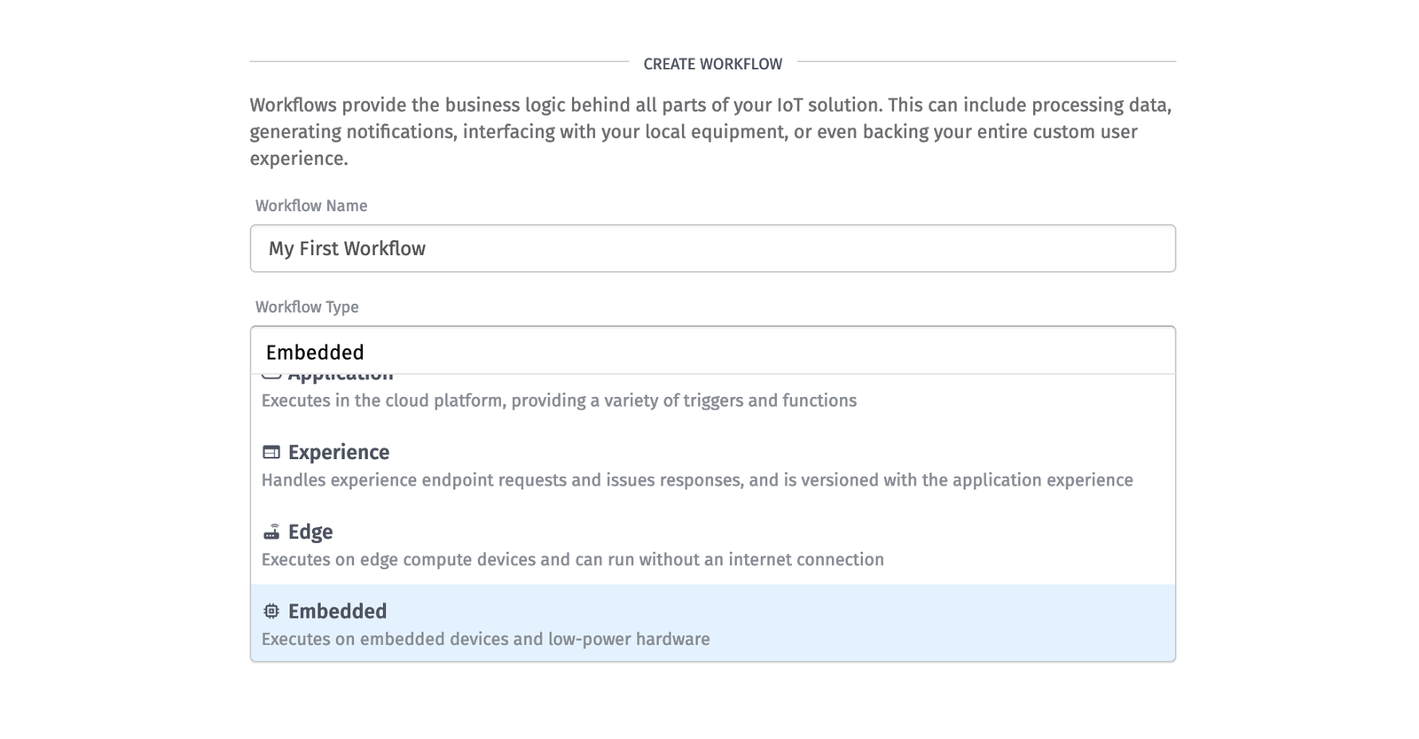 Create Embedded type workflow