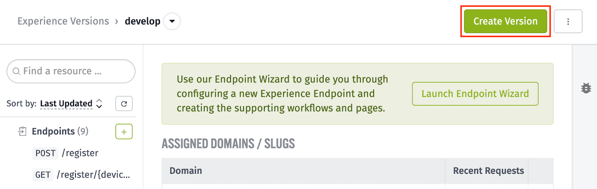 Create Experience Version Button