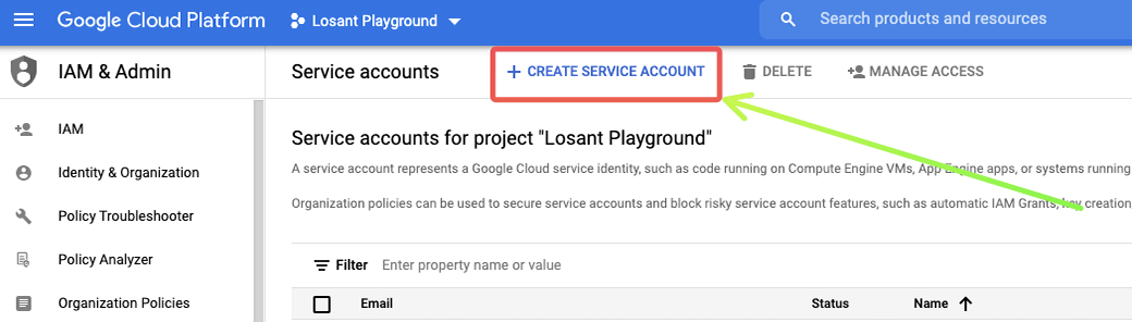 Create service account