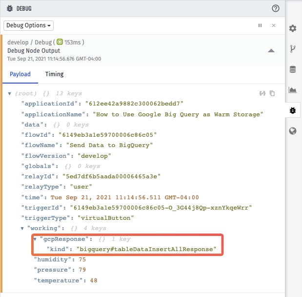 Losant Debug message showing successful BigQuery request