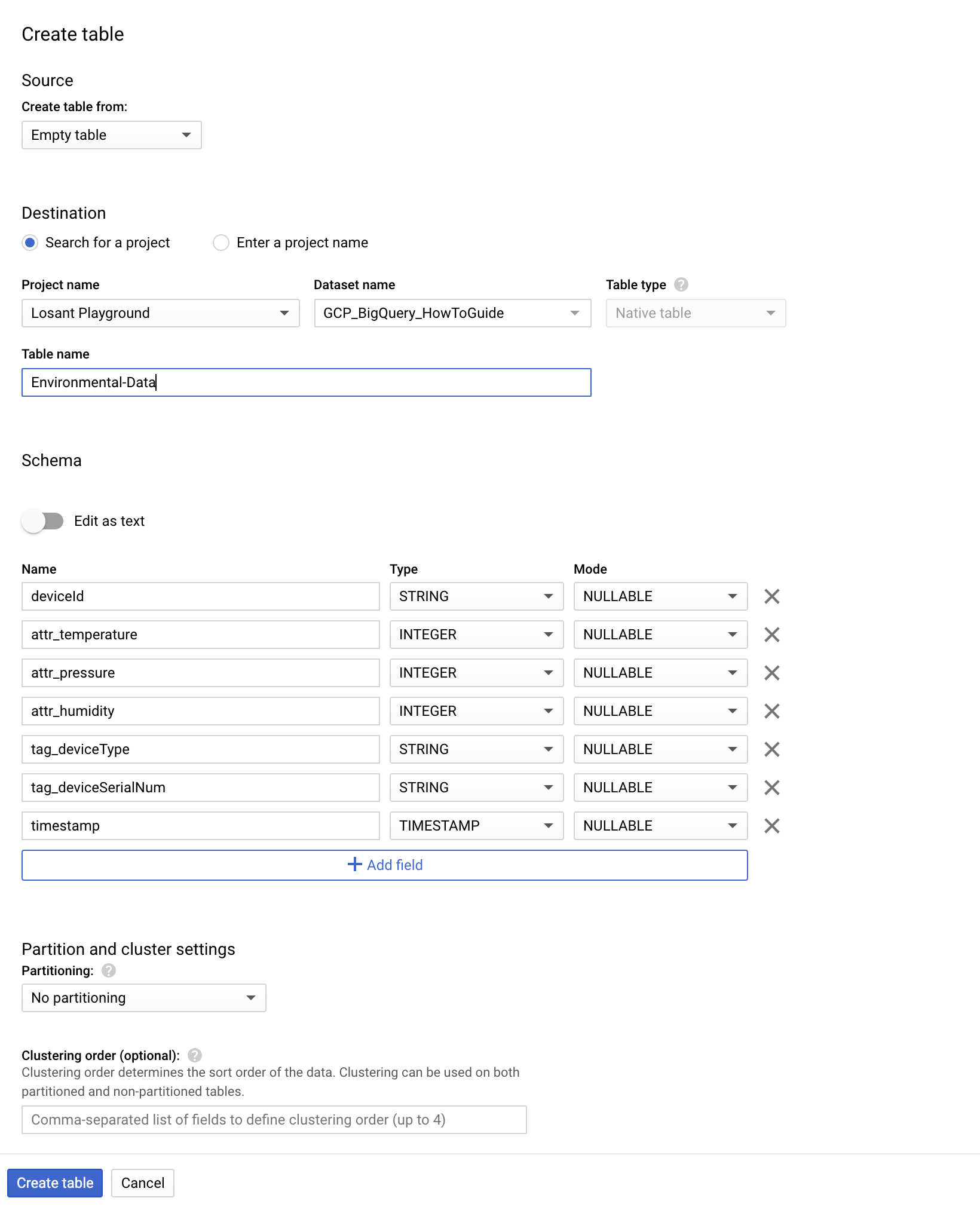 Define table schema and save table