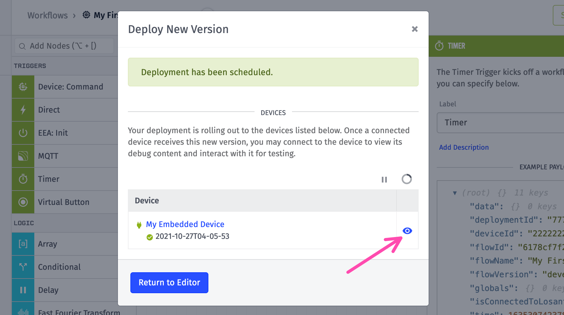 Deploy successfully scheduled, click live look