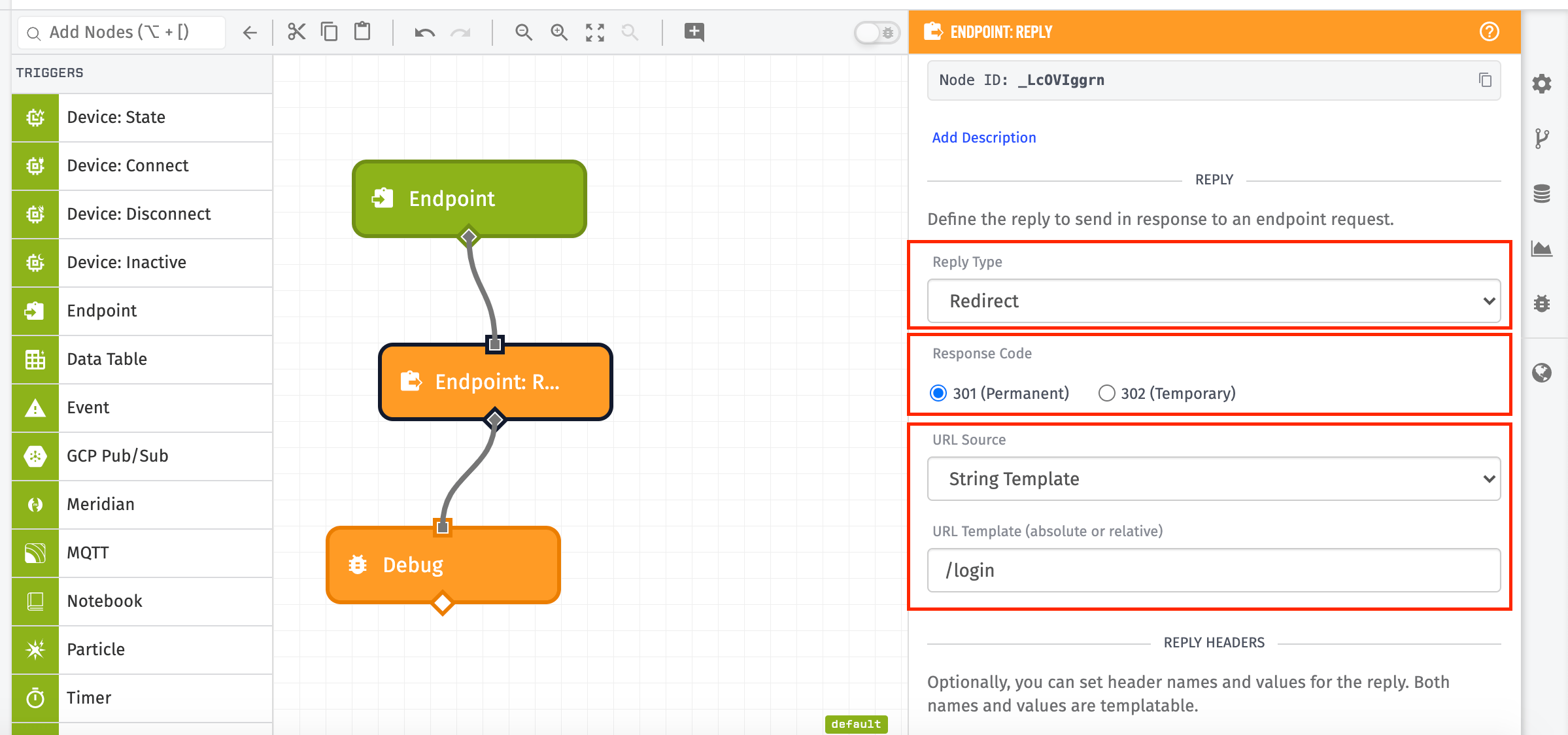 Endpoint Reply Node Redirect Config