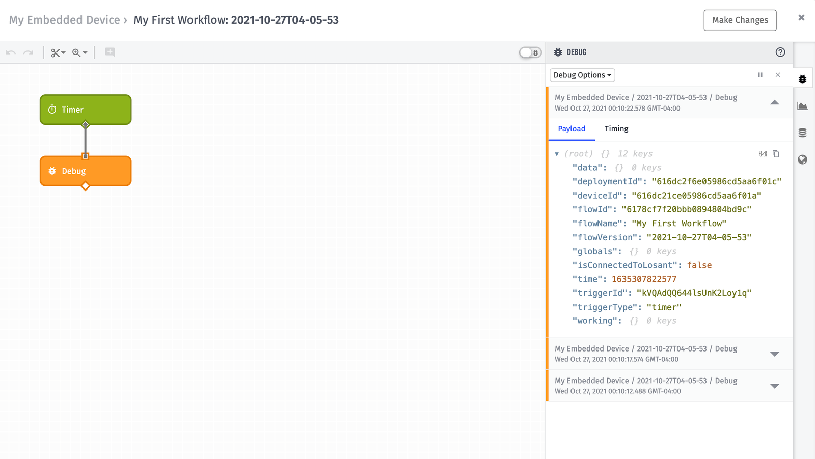 First embedded workflow live look with debug payload