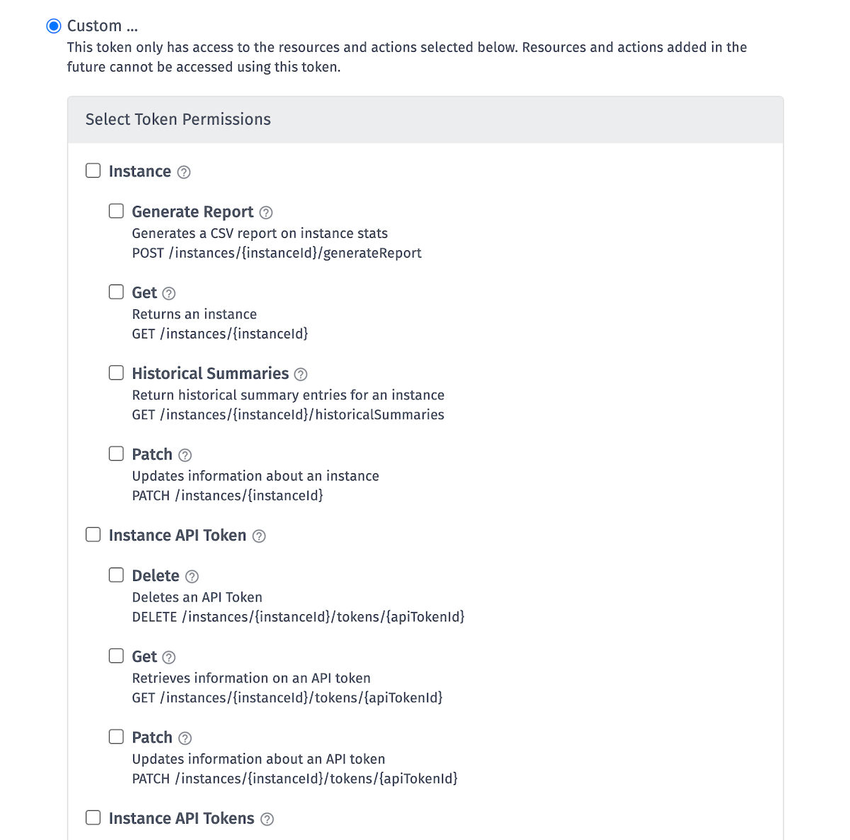 Instance Token Custom Permissions