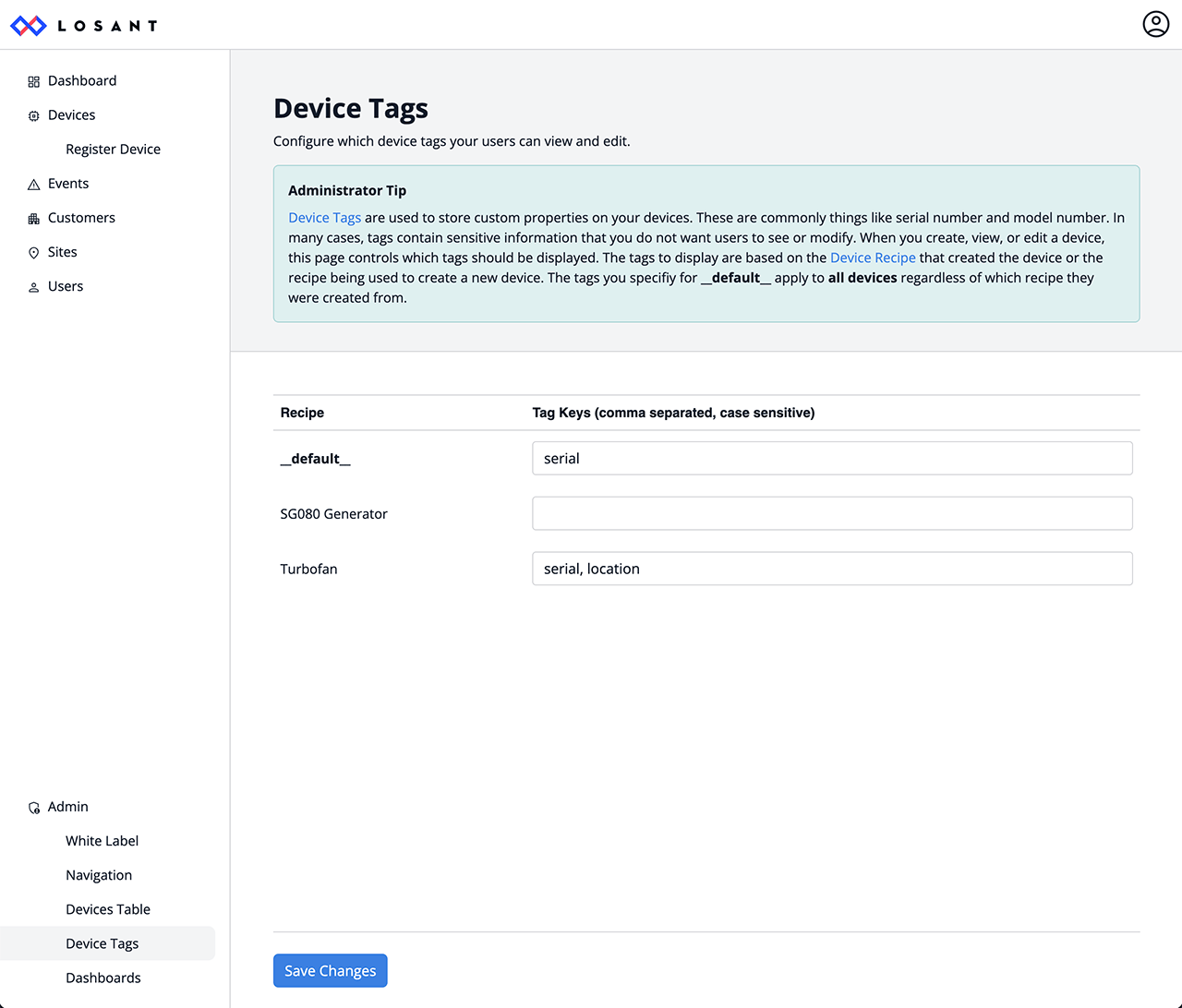 Losant CPF Admin Device Tags