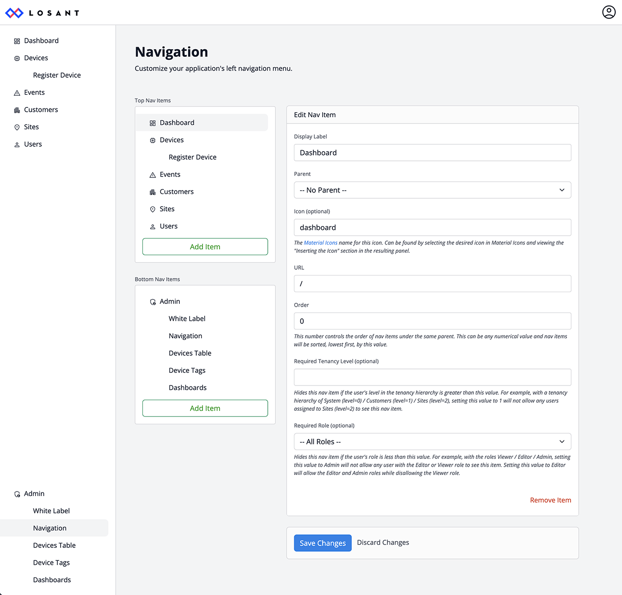 Losant CPF Admin Navigation