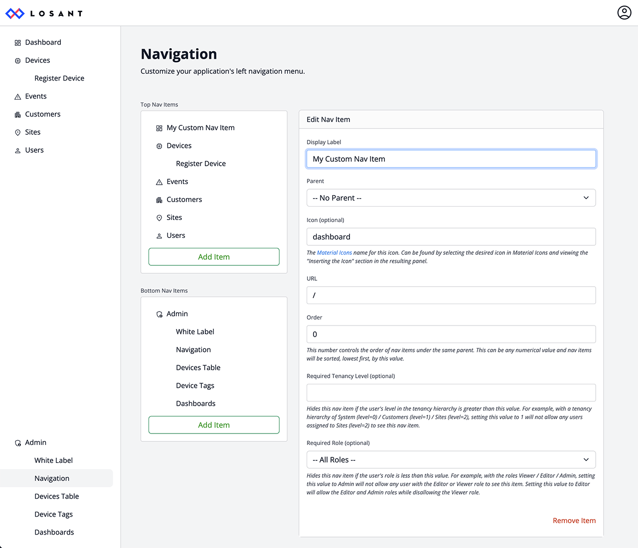Losant CPF Admin Navigation