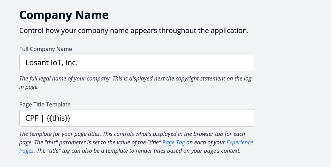 Losant CPF Admin White Label Company Name