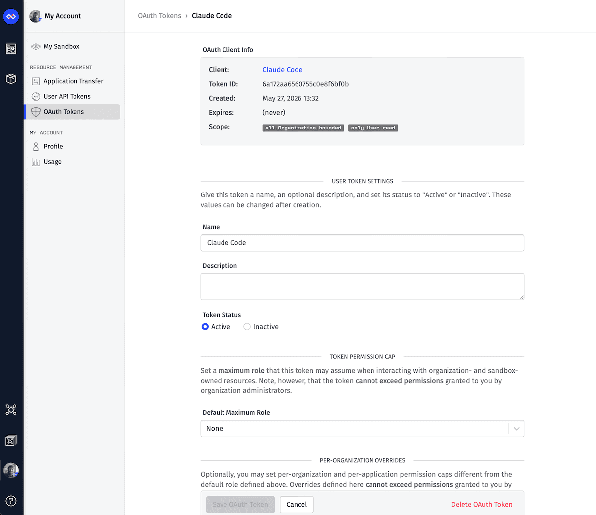 OAuth Token Detail Page