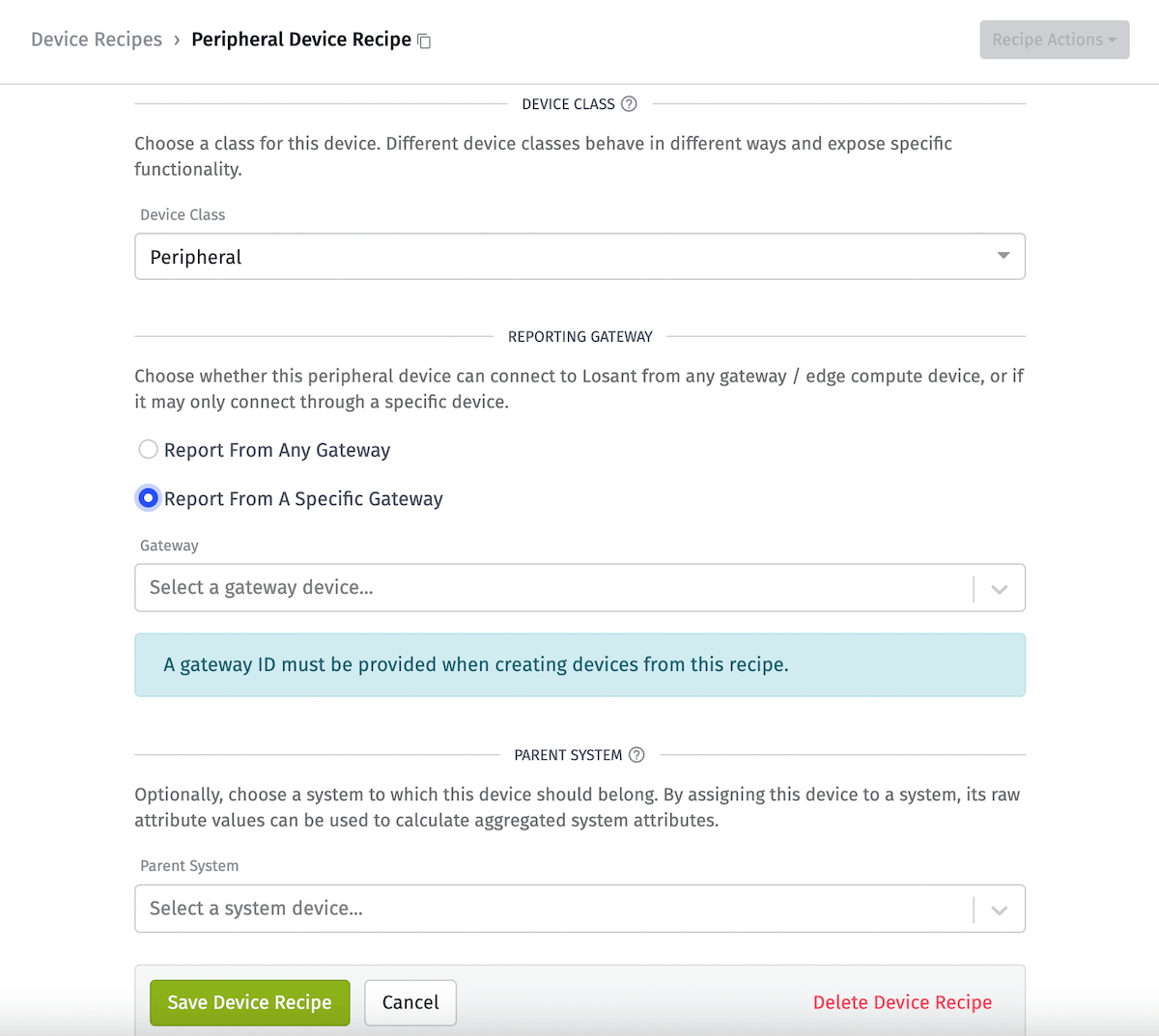 Peripheral Recipe Gateway Requirement